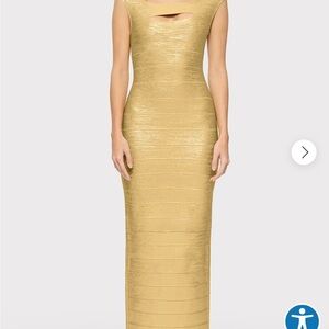 Herve Leger Gold Bodycon Dress with Mandarin Collar and Cap Sleeves